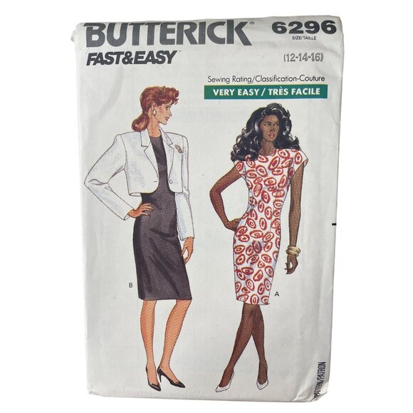 90s Butterick 6296 Sewing Pattern Sizes 12-16 Very Fast Easy Jacket Dress UNCUT - Picture 1 of 6